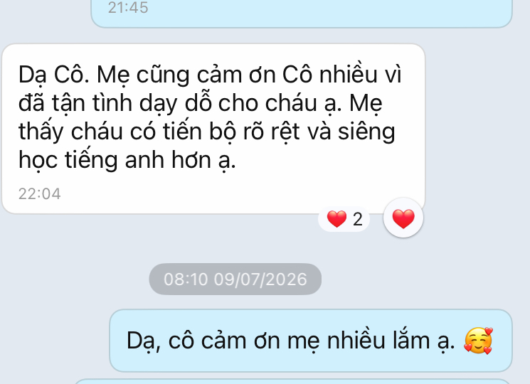 Phụ huynh nhận xét học sinh tiến bộ trong tiếng Anh